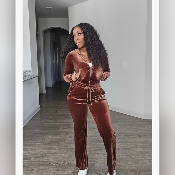 Brown Velvet 2 Piece Jogger Set With Pockets And Hood - Picture 3 of 5